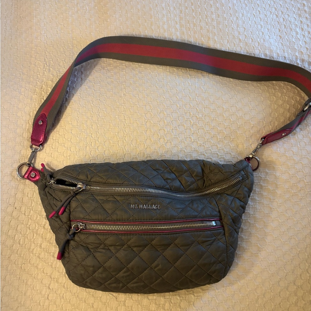 MZ Wallace Gray Crossbody Bag with Pink Accents